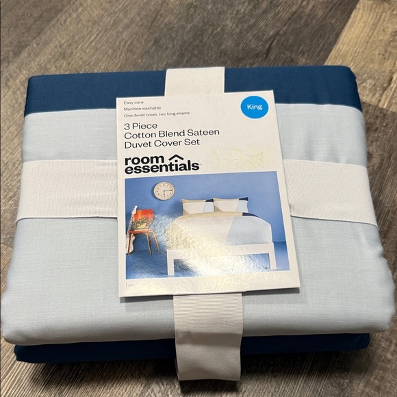 3 pc Room Essentials cotton blend Two-Tone Blue Duvet king Cover Set - Picture 1 of 9